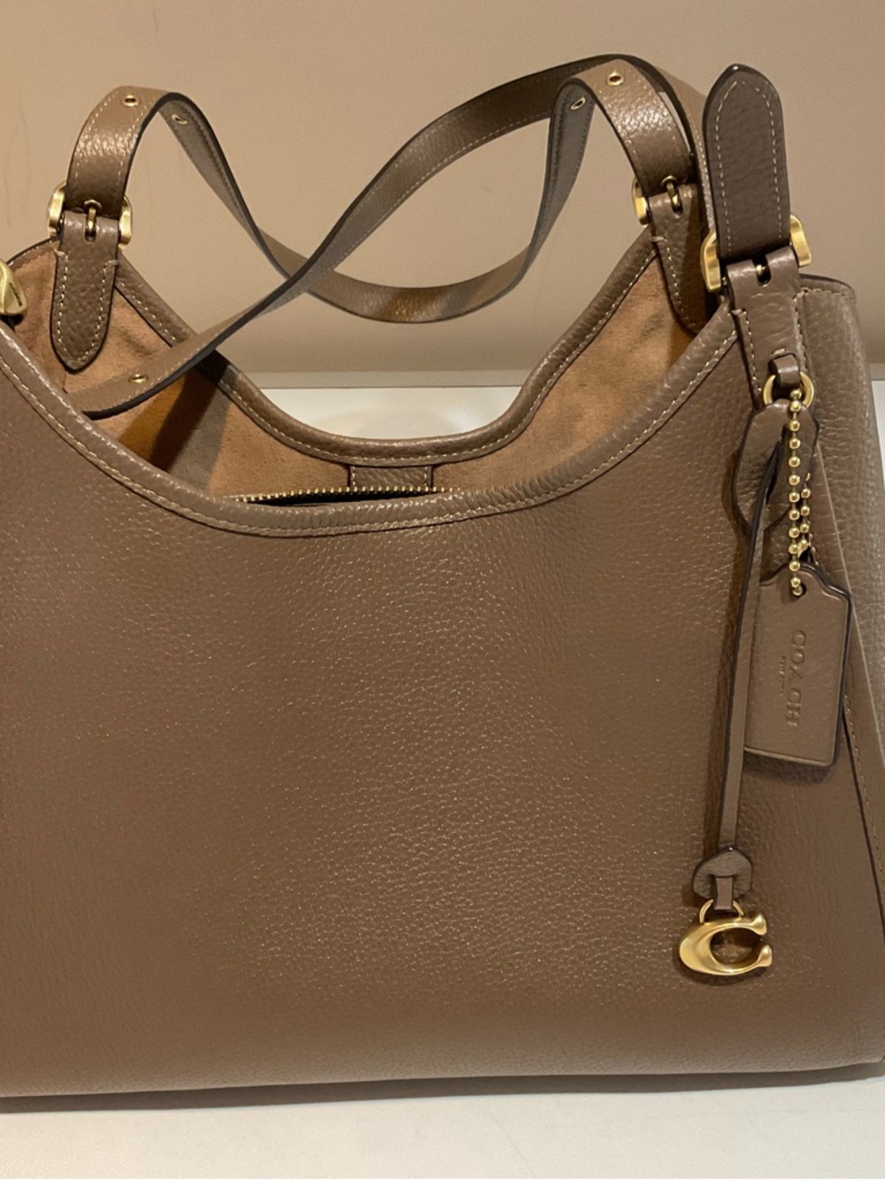 Coach Taupe Brown Pebbled Leather Shoulder Bag with Gold Hardware